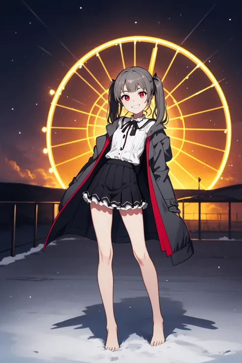 (masterpiece, best quality, SFW:1.2), smooth, max detail, vibrant, bioluminescent details, BREAK, 1girl, sorry, grin, looking at viewer, forehead, (cute, petite:1.2), flat_chest, thin legs, (dark gray hair, low twintails, bangs pinned back:1.2), (deep red eyes:1.2), BREAK, (ribbon trim dark brown frilled shirt, winter coat, petticoat, barefoot), BREAK, perspective,full body, standing split, BREAK, outdoors, ferris wheel