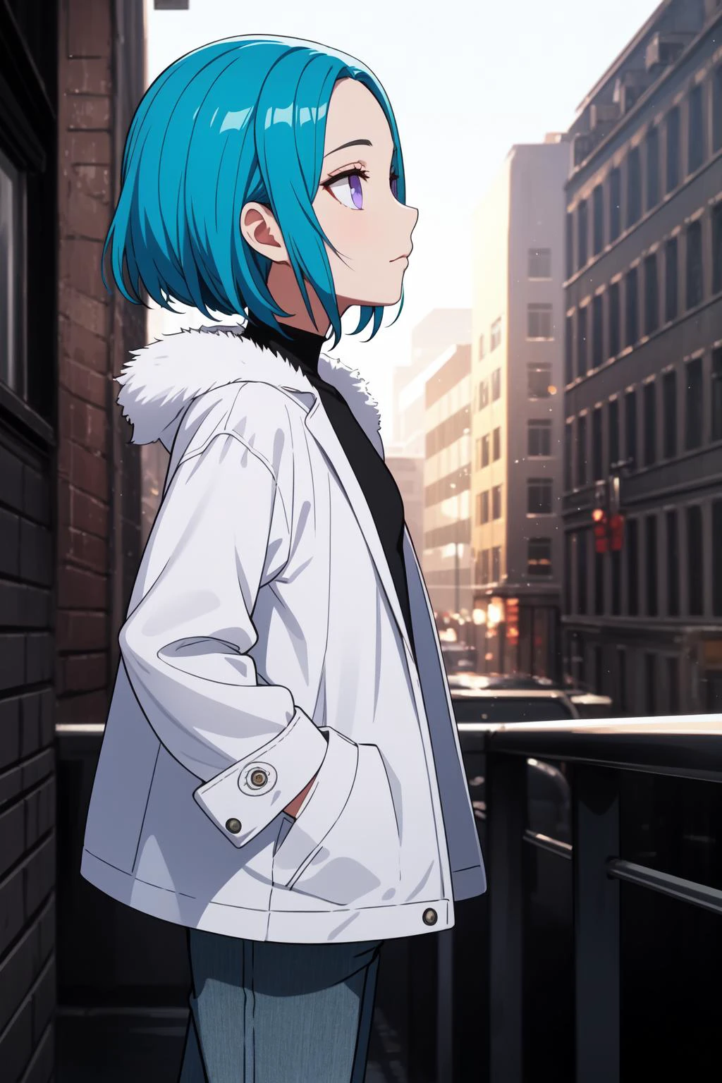 (masterpiece, best quality, SFW:1.2), fine art, lush detail, vibrant, translucency, BREAK, 1girl, :3, looking up, forehead, (cute, petite:1.2), flat_chest, (teal blue hair, single hair intake:1.2), (violet eyes:1.2), BREAK, ( shrug, dress flower bright white fur-trimmed coat, silver trim, lowleg pants), BREAK, back focus,profile, balancing, BREAK, outdoors, canal
