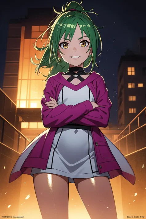 (masterpiece, best quality, SFW:1.2), award winning, hyperrealism, post-processing, luminescence, BREAK, 1girl, frustrated, grin, looking down,(cute, petite:1.2), flat_chest, wide hips, thighs, (shiny green hair, long hair, ponytail, messy hair:1.2), (silver eyes:1.2), BREAK, ( robe), BREAK, Long Shot, crossed arms, BREAK, building, floating castle