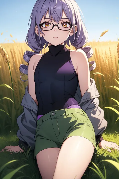 (masterpiece, best quality, SFW:1.2), digital art, 4k uhd, low contrast, subsurface scattering, BREAK, 1girl, proud, looking down,(cute, petite:1.2), flat_chest, hips, thin legs, thick thighs, (golden hair, very long hair, mullet, twin drills:1.2), (golden eyes:1.2), BREAK, (gathers darkmagenta sleeveless shirt, see-through khaki jacket, silver trim, magenta bloomers, glasses), BREAK, close-up, reclining, BREAK, outdoors, wheat field
