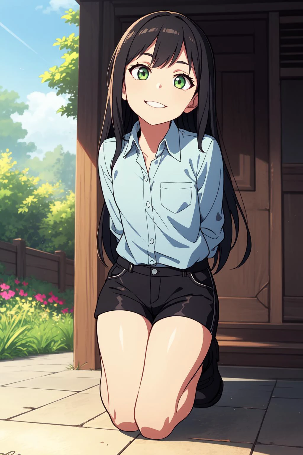 dynamic angle, cinematic shot, key visual, official art, (masterpiece, best quality:1.2), 1girl, grimace, grin, looking up,cute, petite, flat_chest, thighs, dark brown hair, long hair, light green eyes, BREAK, ( collared shirt, shorts), BREAK, vanishing point, on one knee,v arms, BREAK, outdoors, garden