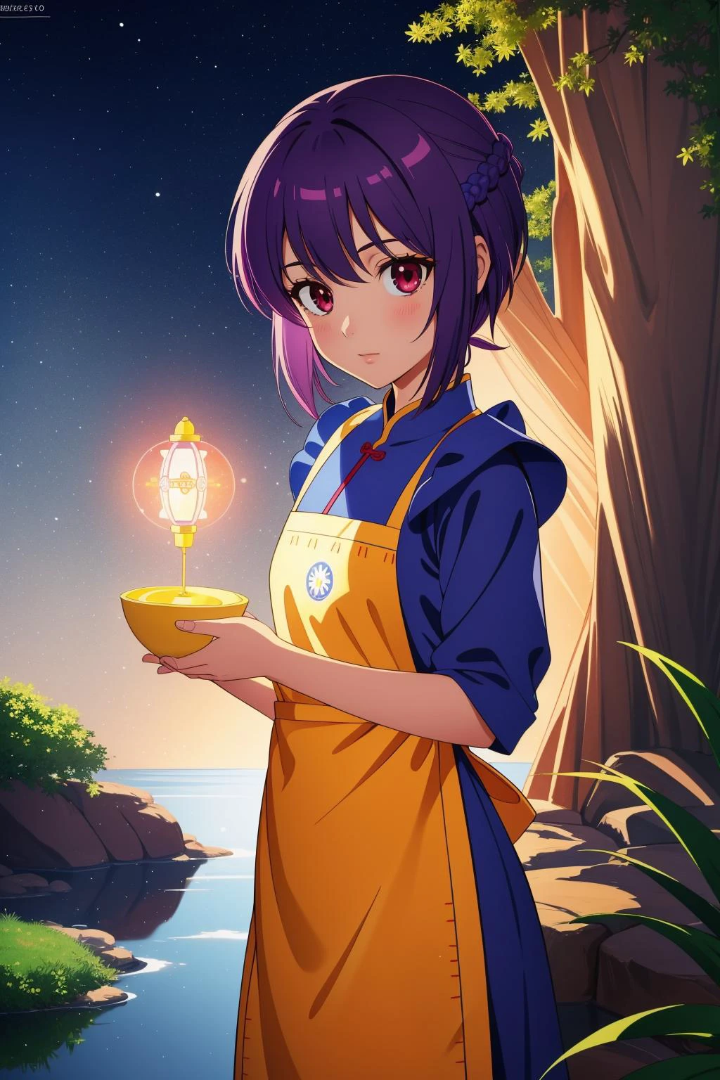1girl, (character art by Frank Quitely:0.9) , comics art, studio Renderman, fairy tale, over the shoulder shot of a Fantasy Luminescent Mustard Yellow and Navy Chinese ([Fern:Apron:3]:1.3) , it is anthropomorphic with a face, it is made from Linen, flowers and River stone background, Hesitant vegetation with Pine needle carpet, Snowy, shallow depth of field, Overdetailed art, Lonely, dmt, Bloom light, Low shutter, Single Color, Swirling, Maroon and deep blue details, pixiv, trending on artstation