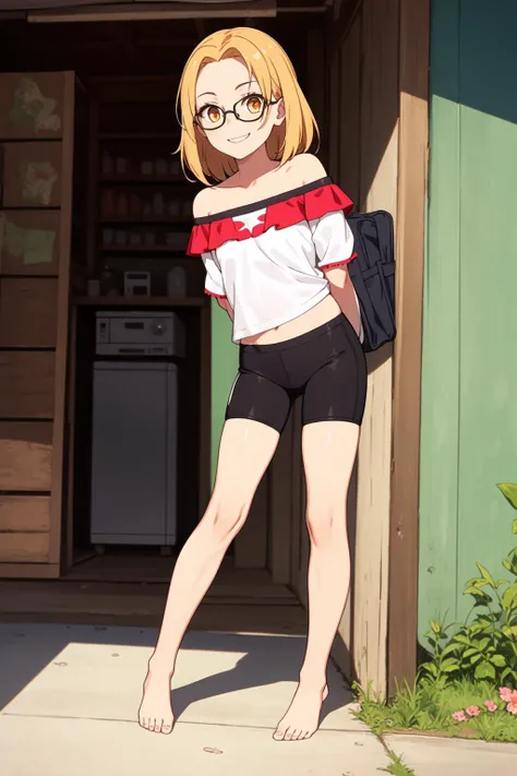 (masterpiece, best quality:1.2), 1girl, miserable, grin, looking down, forehead, cute, petite, flat_chest, hips, thin legs, dark orange_colored hair, hair intakes, golden eyes, BREAK, (torn clothes off-shoulder shirt, flower trim, bike shorts, glasses, barefoot), BREAK, from behind,eye focus, arms behind back, BREAK, building, shack