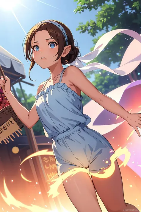 (masterpiece, best quality),female ageless, hourglass, pacific islander, light blue eyes, gauged ears, protruding jaw, , brown crown braid hair, grief wearing summer romper, camisole, slides, bow headband,, hair toss, tossing hair back, creating a dramatic and enticing effect, lens flares, dreamy flares adding a whimsical and romantic touch to the visuals, a vibrant farmer's market, bustling with people and colorful produce