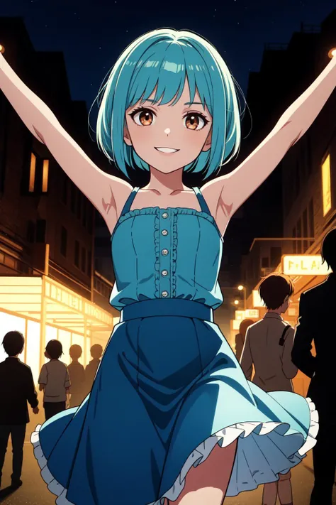 (masterpiece, best quality, SFW:1.2), keyvisual, ornate, vibrant, soft lighting
BREAK
1girl, relieved, grin, looking down, forehead, (cute, petite:1.2), flat_chest,  (light cyan hair, short hair, bob cut, ringlets:1.2), (brown eyes:1.2)
BREAK
(gathers blue dress shirt, medium aquamarine high-low skirt, )
BREAK
armpit focus,portrait, spread arms
BREAK
outdoors, parking lot