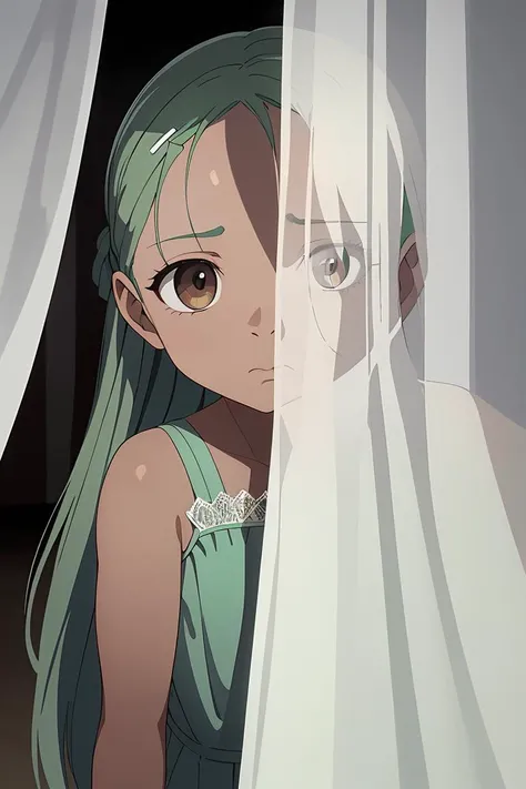 (masterpiece, best quality),female retirement age, wholesome, sub-saharan african, gray eyes, flat forehead, diamond face shape with angular cheeks, , mint green long layers hair, embarrassment wearing lace hipster, low-cut blouse, hair clip,, peeking from behind a curtain, peering from behind a curtain with a teasing look, creating a sense of mystery and allure, low-key lighting, dramatic shadows and subtle highlights, adding mystery and sensuality, a sunlit park, filled with children playing and families having picnics