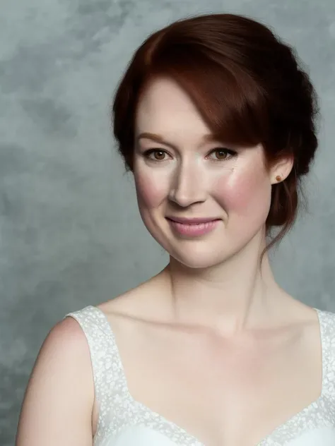 <lora:3R1nH:0.9>, (3R1nH), ellie kemper, 1girl, solo, detailed skin, realistic, sdlr, film photo, sexy, white dress, photoshoot, best quality, hd, simple background, soft focus, soft lighting