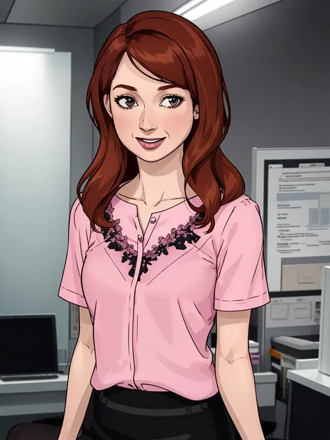 <lora:3R1nH:1>, 3R1nH, ellie kemper, 1girl, small office, beautiful, pale, sexy, happy, realistic, detailed face, black skirt, pink blouse, hd, best quality, soft focus, masterpiece
