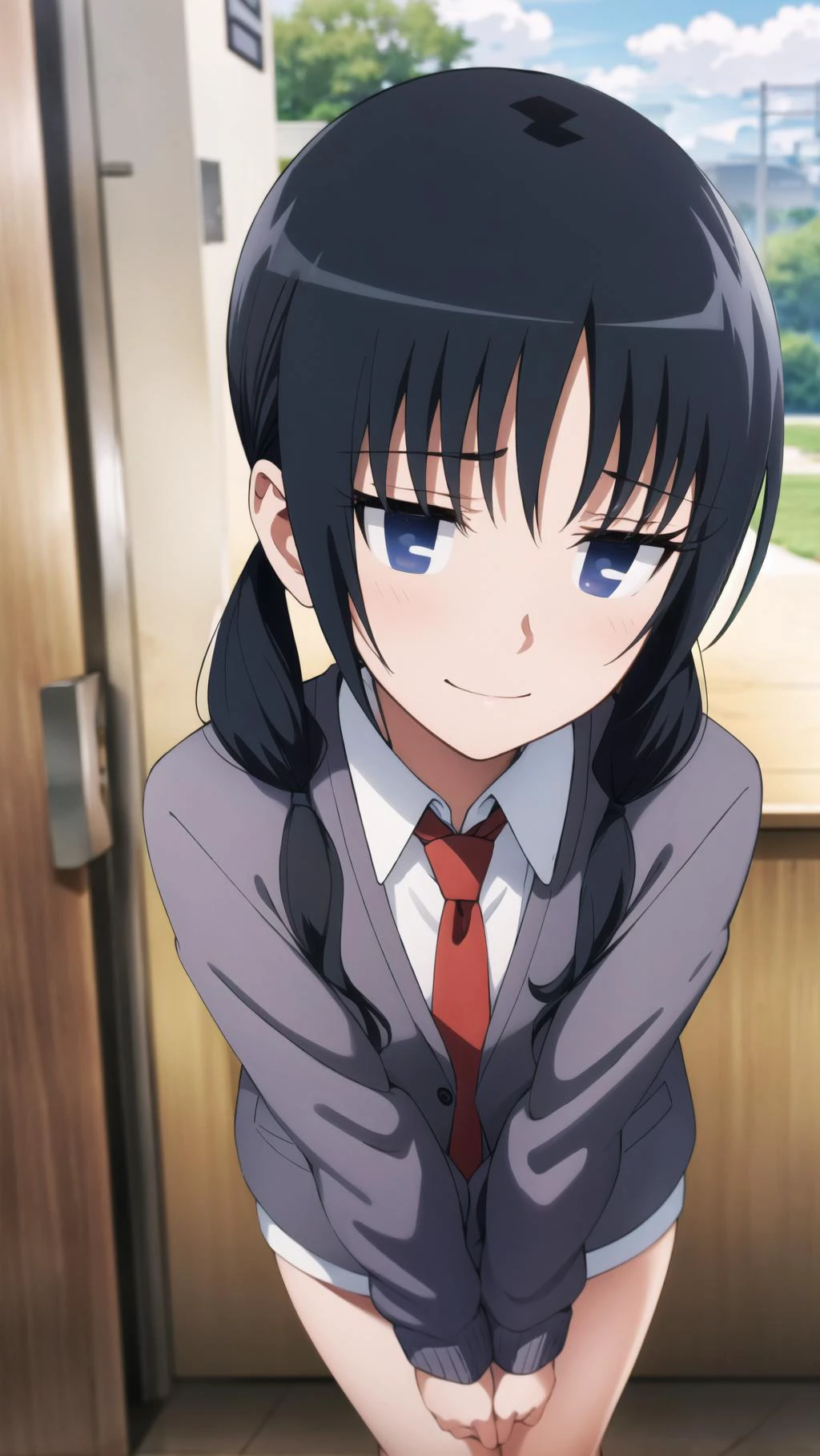<lora:uomi:0.8>, chihiro uomi,
school uniform, grey jacket, necktie, BREAK
,sad smile,modern principal's office midnight, , classic theme, , , hugging own legs,looking up, knees,,
BREAK
masterpiece, best quality,BREAK,