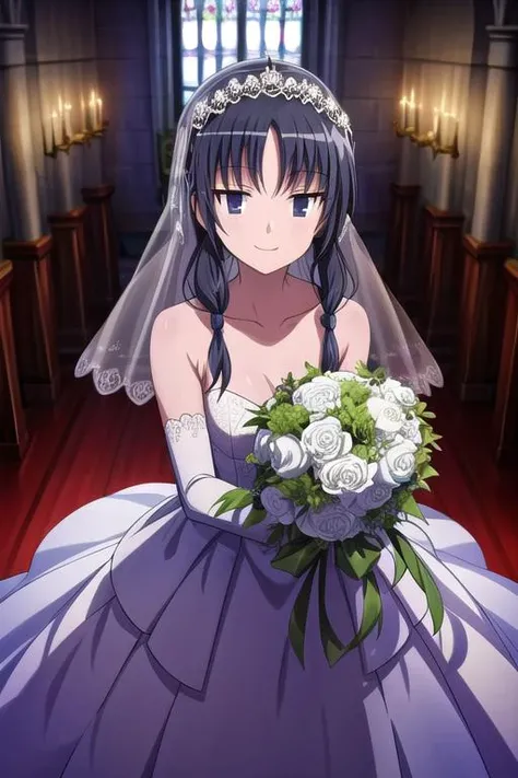 best quality, masterpiece, extremely detailed, perfect anatomy, 1girl, solo, chihiro uomi, smile, wedding dress, bridal gauntlets, bridal veil, dress, holding, holding bouquet, from above, church, outdoors<lora:uomi-10:0.8> <lora:add_detail:1.0>
