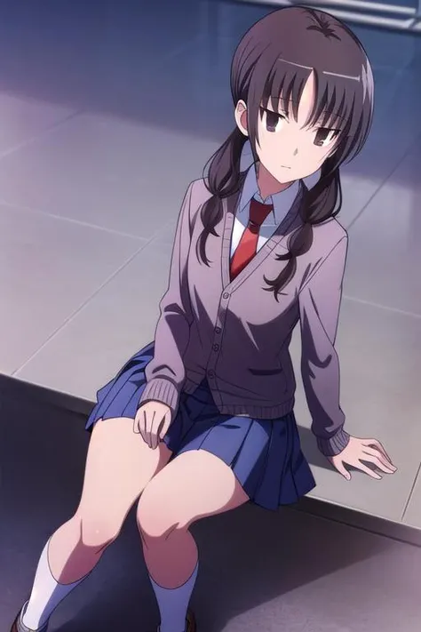 best quality, masterpiece, extremely detailed, perfect anatomy, 1girl, solo, chihiro uomi, school uniform, gray jacket, necktie,brown shoes, white socks, skirt, blue skirt, sit with legs crossed, sitting, from above, nice hands,<lora:uomi-10:0.8> <lora:add_detail:0.7>