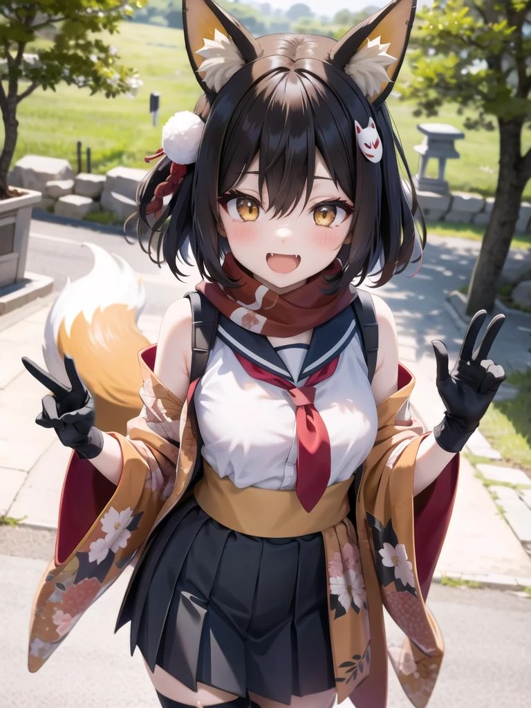 in forest, upper body, view from above, chibi, izunabluearchive, 1girl, animal ear fluff, brown hair, fangs, fishnet thighhighs, floral print on kimono, fox ears, fox shadow puppet, fox tail, hair between eyes, hair ornament, japanese clothes, light blush, open mouth, black partially fingerless gloves, black pleated skirt, red necktie, red scarf, sailor collar, short hair, halo, yellow obi
<lora:020arteA5-5:1> <lora:izunabluearchive:0.8> <lora:fufu:0.2>