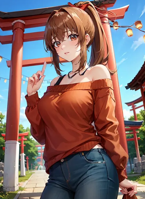 ((best quality)), ((highly detailed)), absurdres, detailed face, beautiful face, (detailed eyes, deep eyes), (1girl), dynamic pose, cowboy shot, <lora:MoenaAngelBlade:1>, Moena, brown hair, long hair, large breasts, ponytail, sidelocks, ((brown eyes)), sweater, off shoulder, jeans, (outdoors, at a shrine, torii, paper lanterns, dawn)