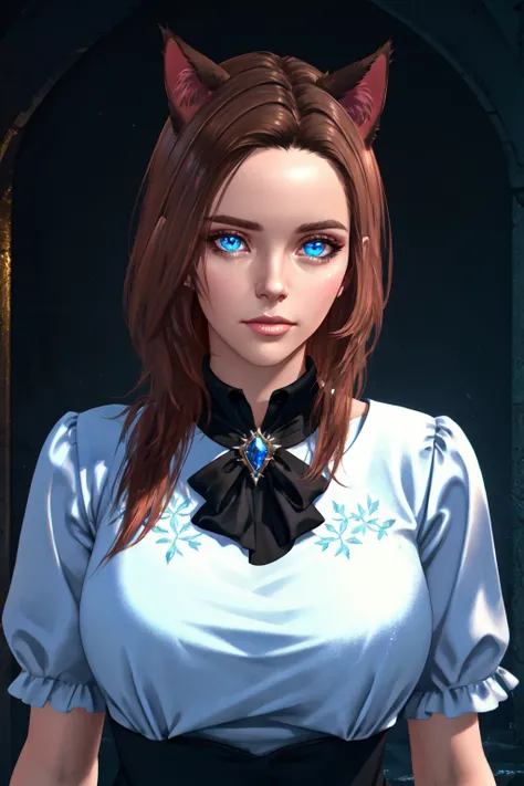 Kitch, sparkling blue eyes, Voluptuous, large breasts, formal blouse, ProfessionalDetail <lora:Kitch_Full:0.4> AmericanHeritage-Pos DSLRQuality-Realism, Miqo'te, cat ears, animal ears,