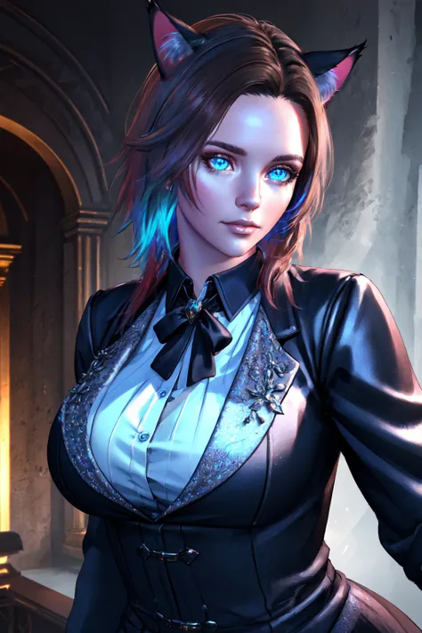 Kitch, sparkling blue eyes, Voluptuous, large breasts, formal blouse,  ProfessionalDetail <lora:Kitch_Full:0.4> AmericanHeritage-Pos DSLRQuality-Realism, Miqo'te, cat ears, animal ears,
