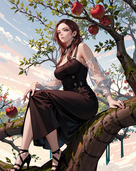 1 girl, (Kitch), Transgender Female, blue eyes, solo, voluptuous, auburn hair, long hair, detailed face, detailed eyes, sitting in a tree, (sitting on a tree branch, (apple tree)), (masterpiece:1.3), (best quality:1.2), (intricate detailed:1.2), highly detailed, absurd res, <lora:Kitch_Full:0.44>, wide shot, dynamic lighting, dynamic angle,