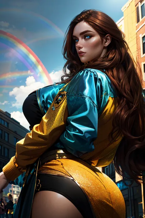 <lora:Kitch_Full:0.4> Transgender Female, Kitch, blue eyes, solo, voluptuous, auburn hair, long hair, yellow jacket,outdoors, pride theme, rainbows, parade, black dress, specular highlights, side lighting, detailed face, detailed eyes, wide shot, dynamic lighting, dynamic angle