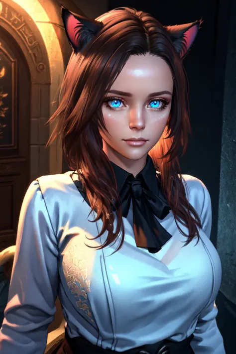 Kitch, sparkling blue eyes, Voluptuous, large breasts, formal blouse, ProfessionalDetail <lora:Kitch_Full:0.4> AmericanHeritage-Pos DSLRQuality-Realism, Miqo'te, cat ears, animal ears,