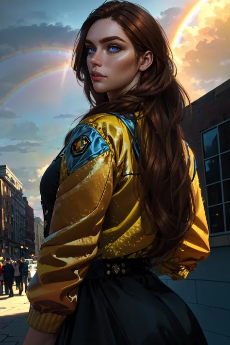 <lora:Kitch_Full:0.4> Transgender Female, Kitch, blue eyes, solo, voluptuous, auburn hair, long hair, yellow jacket,outdoors, pride theme, rainbows, parade, black dress, specular highlights, side lighting, detailed face, detailed eyes, wide shot, dynamic lighting, dynamic angle