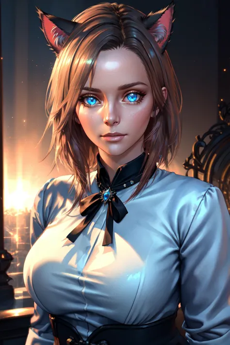 Kitch, sparkling blue eyes, Voluptuous, large breasts, formal blouse, ProfessionalDetail <lora:Kitch_Full:0.4> AmericanHeritage-Pos DSLRQuality-Realism, Miqo'te, cat ears, animal ears,