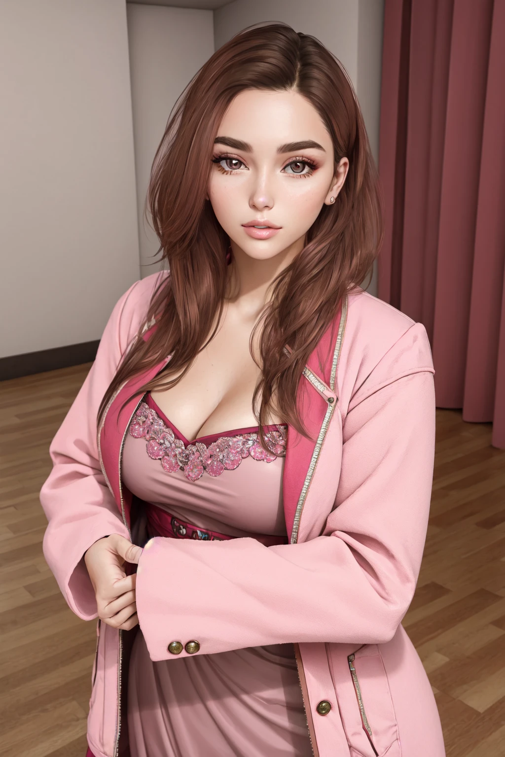 <lora:Kitch_Full:0.4> Transgender Female, Kitch, solo, voluptuous, long hair, jacket, indoors, pink dress, specular highlights, detailed face, detailed eyes, upper body, portrait