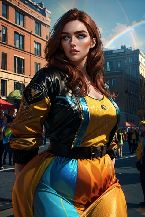 <lora:Kitch_Full:0.4> Transgender Female, Kitch, blue eyes, solo, voluptuous, auburn hair, long hair, yellow jacket,outdoors, pride theme, rainbows, parade, black dress, specular highlights, side lighting, detailed face, detailed eyes, wide shot, dynamic lighting, dynamic angle