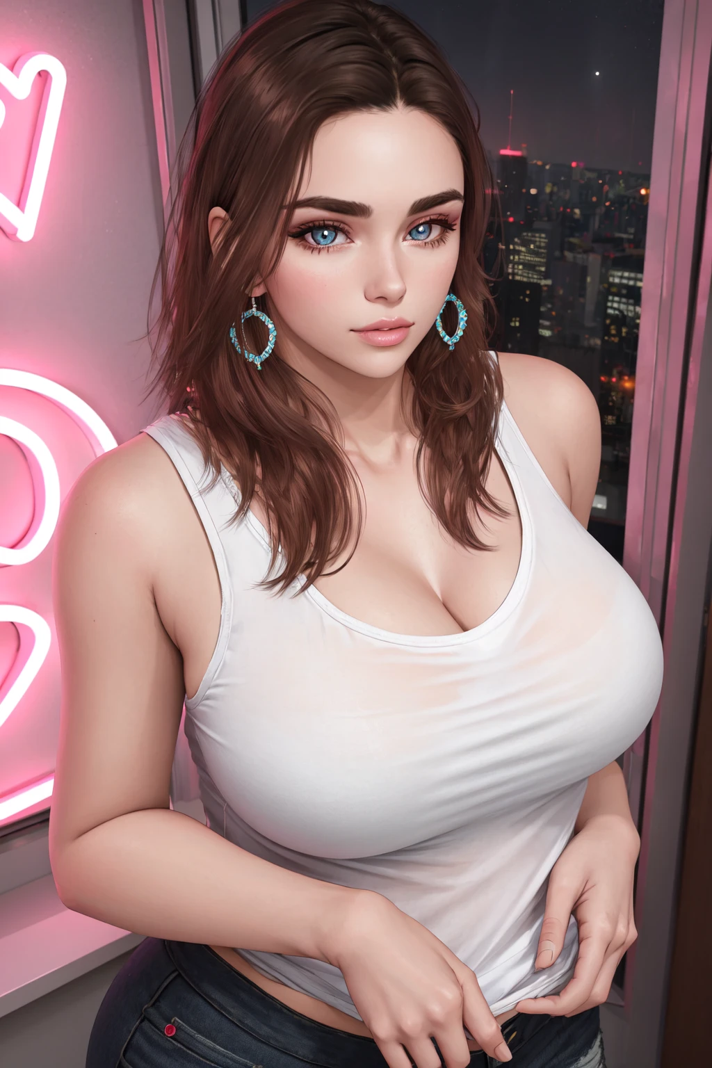 <lora:Kitch_Full:0.4> Transgender Female, Kitch, solo, voluptuous, long hair, large breasts, shirt, jewelry, upper body, earrings, parted lips, indoors, window, night, tank top, clothes writing, neon lights, specular highlights, detailed face, detailed eyes, upper body, portrait