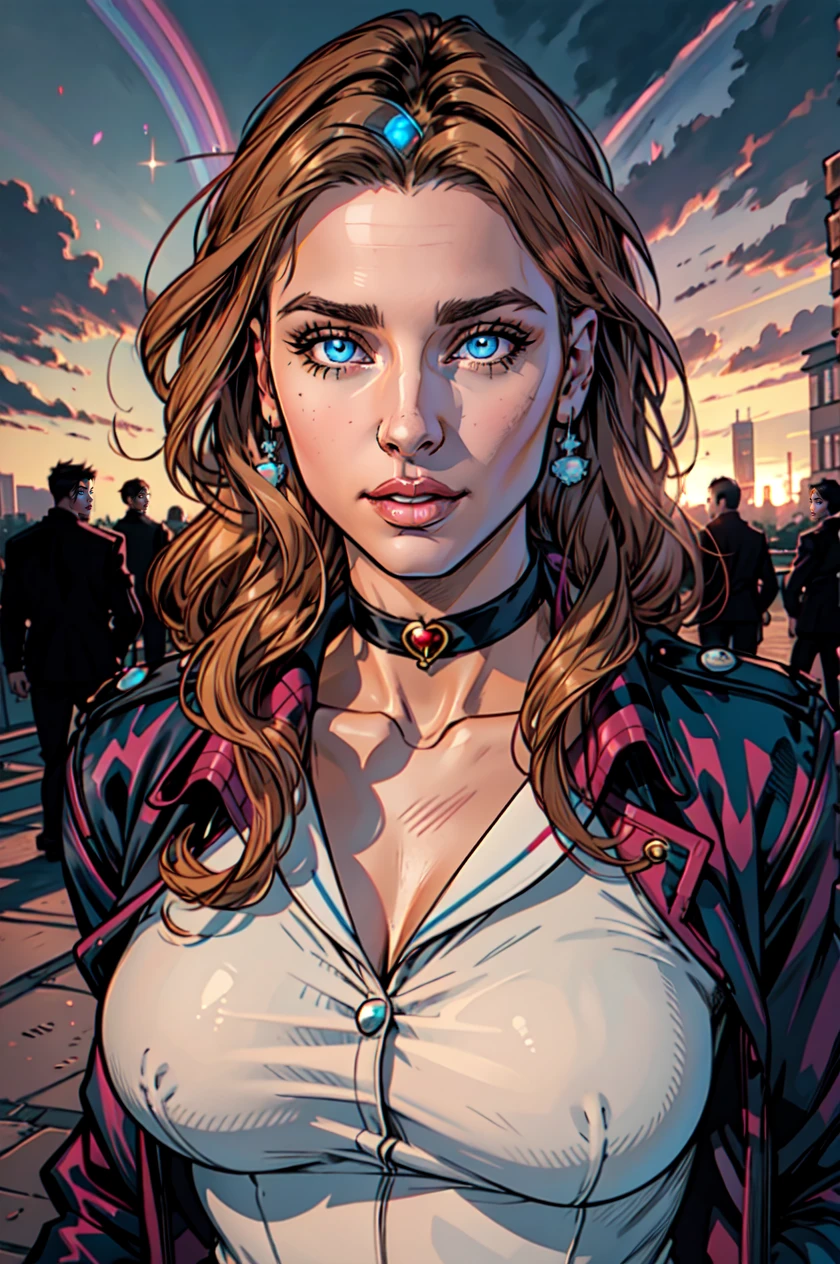 <lora:Kitch_Full:0.4> Transgender Female, Kitch, blue eyes, solo, voluptuous, long hair, jacket,outdoors, pride theme, rainbows, parade, sailor senshi uniform, tiara, specular highlights, side lighting, detailed face, detailed eyes,