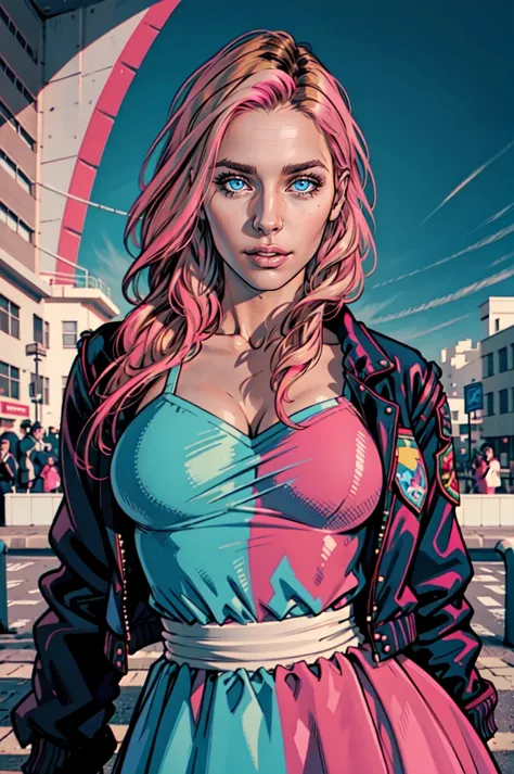 <lora:Kitch_Full:0.4> Transgender Female, Kitch, blue eyes, solo, voluptuous, long hair, jacket,outdoors, pride theme, rainbows, parade, pink dress, specular highlights, side lighting, detailed face, detailed eyes,