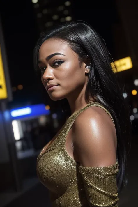 sexy african american 20 -year-old black girl walking in the city at night, ultra realistic, meticulously detailed, brown hair and large eyes, selfie of a young woman, without makeup, natural makeup, looking at the camera, face with artgram, subtle makeup, 8k, hyper-realistic, full body shot with, tika sumpter, details in eyes, no shadows in the face, high key soft light, softbox, fancy glamorous dress with high heels, big smile and happy