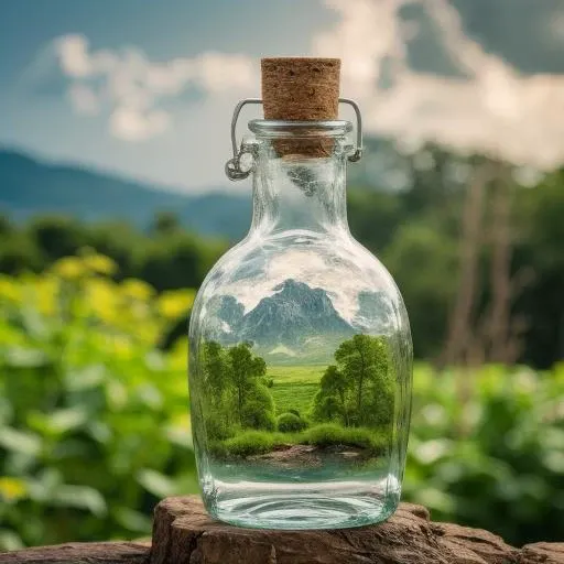 portrait photograph of a beautiful glass bottle filled with scenery nature landscape and green galaxy