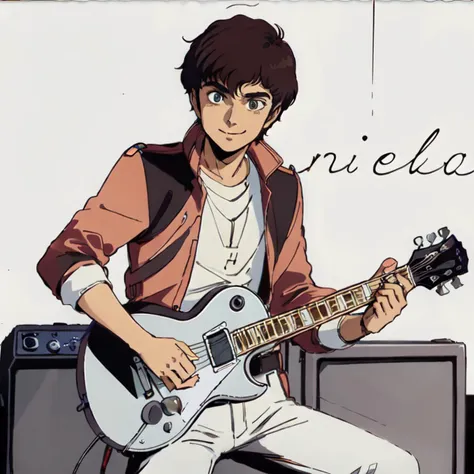 <lora:pensketch_lora_v2.3:0.8> penSketch_style, ink sketch, masterpiece, high quality,solo, <lora:judauashta004:0.6>,smile, judauashta,1boy, short hair, guitar, holding, holding_instrument, open jacket, belt,belt buckle, playing guitar on the stage