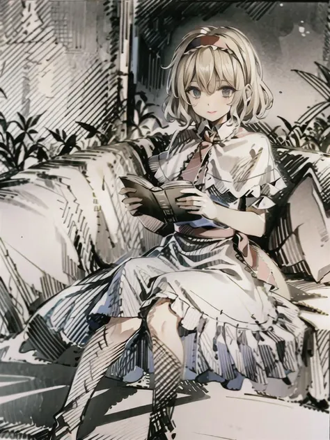portrait, masterpiece, best quality, <lora:alice:1>,doll, blonde hair, hairband, (shanghai doll:1), alice margatroid, blue eyes, capelet, 1girl, petals, smile, dress, solo, sash, bow, hair bow, short hair, long hair, blue dress, grey background, reading a book, wearing rings, cozy wooden cabin next to fireplace, sketch, <lora:pensketch_without_pen_lora:1>