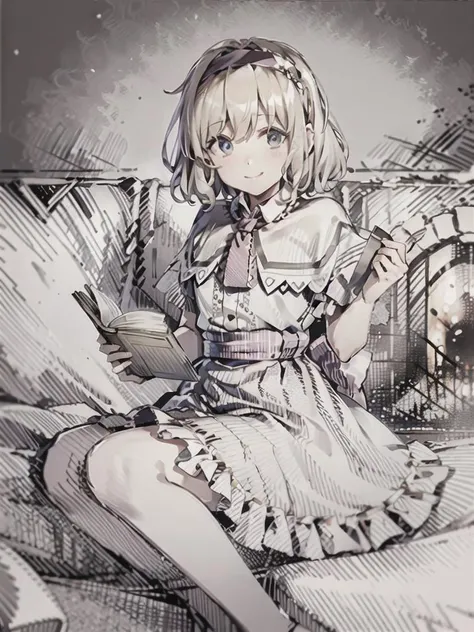 portrait, masterpiece, best quality, <lora:alice:1>,doll, blonde hair, hairband, (shanghai doll:1), alice margatroid, blue eyes, capelet, 1girl, petals, smile, dress, solo, sash, bow, hair bow, short hair, long hair, blue dress, grey background, reading a book, wearing rings, cozy wooden cabin next to fireplace, sketch, <lora:pensketch_without_pen_lora:1>