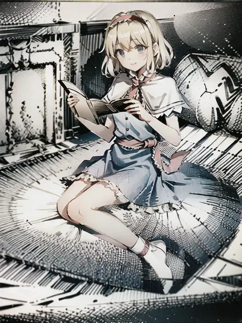 portrait, masterpiece, best quality, <lora:alice:1>,doll, blonde hair, hairband, (shanghai doll:1), alice margatroid, blue eyes, capelet, 1girl, petals, smile, dress, solo, sash, bow, hair bow, short hair, long hair, blue dress, grey background, reading a book, wearing rings, cozy wooden cabin next to fireplace, sketch, <lora:pensketch_without_pen_lora:1>