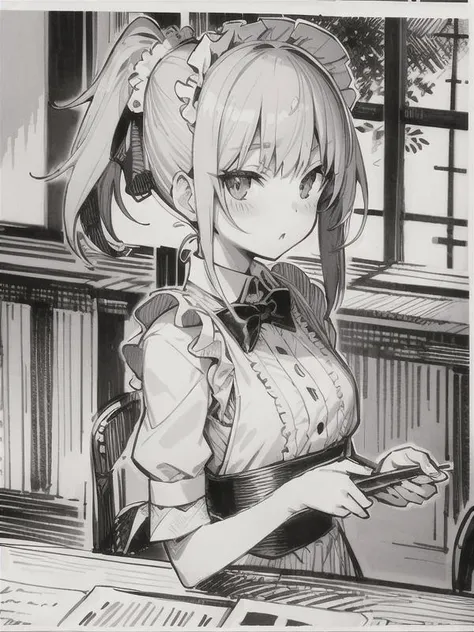 sketch_style, (1 girl,Maid,hands behind her back), solo, ink, sketch,family restaurant,Anime line art,afterimage, character chart, negative space, tachi-e, from side, anime style