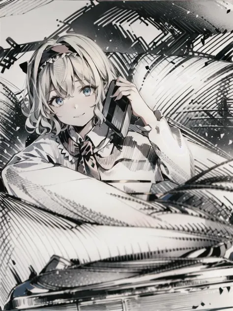 portrait, masterpiece, best quality, <lora:alice:1>,doll, blonde hair, hairband, (shanghai doll:1), alice margatroid, blue eyes, capelet, 1girl, petals, smile, dress, solo, sash, bow, hair bow, short hair, long hair, blue dress, grey background, reading a book, wearing rings, cozy wooden cabin next to fireplace, sketch, <lora:pensketch_without_pen_lora:1>