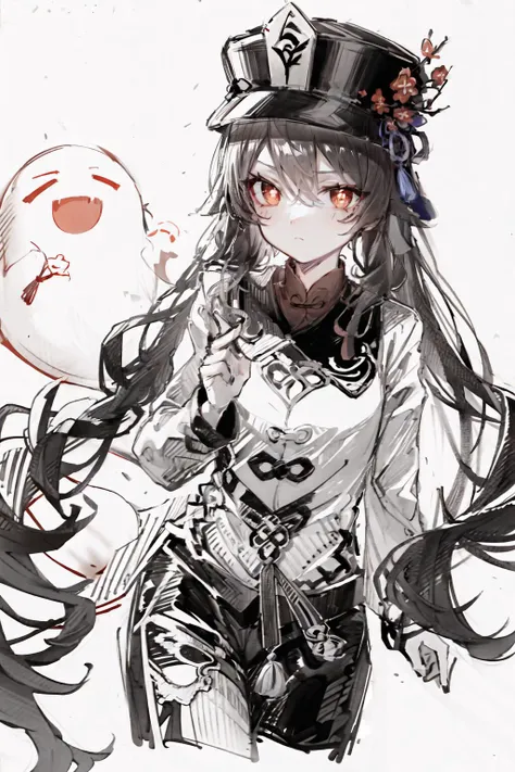 hu tao (genshin impact), boo tao,hat, red eyes, twintails, brown hair,1girl,solo,symbol-shaped pupils, long hair,bangs, black shorts , chinese clothes,penSketch_style, monochrome, ink sketch,upper body,
<lora:hutao_v2:0.9>, <lora:pensketch_lora_v2.3:1>,