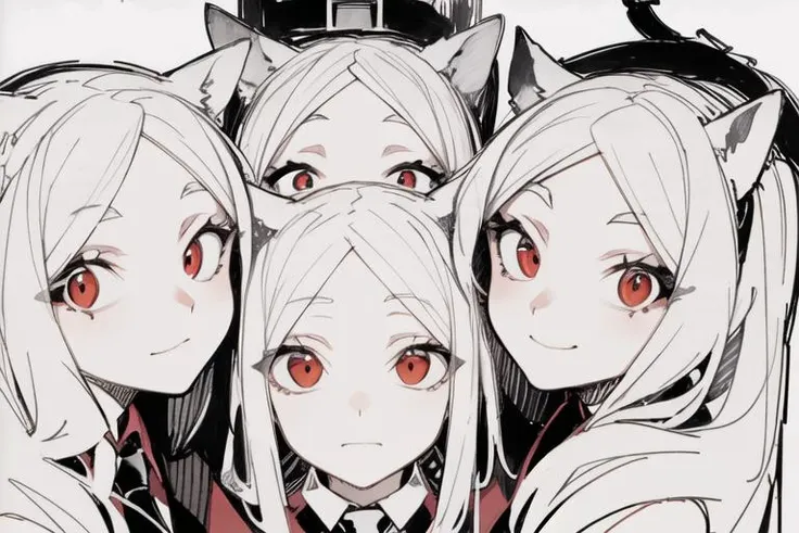 ((best quality)), ((highly detailed)), masterpiece, ((official art)), detailed face, beautiful face, (detailed eyes, deep eyes), cerberus \(helltaker\), 3girls, white hair, long hair, (red eyes), dog girl, demon tail, medium breasts, suit, red shirt, waistcoat, necktie, pants, belt, gloves,love,a pencil at the edge of the drawing,Hold together,
<lora:pensketch_lora_v2.3:1>,(1girl:1.33)
penSketch_style, ink sketch, <lora:cerberusHelltaker_v10:0.8>