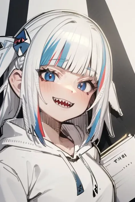 penSketch_style, ink sketch, ((masterpiece, best quality)), 1girl, solo, upper body,
<lora:pensketch_lora_v2.3:1>,
2d, masterpiece, best quality, anime, highly detailed,streaked hair,hoodie,shark hair ornament, sharp teeth, evil smile, shark tail,
<lora:gawrGuraHololiveAll_v4AllOutfits:0.8>,
