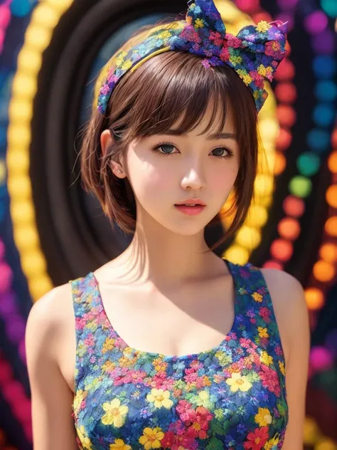 (best quality, masterpiece:1.2),ultra detailed,(photo realistic:1.4),solo,cute girl,(upper body:1.1),multicolored_background,<lora:FlowerGarden_v1:0.4>,