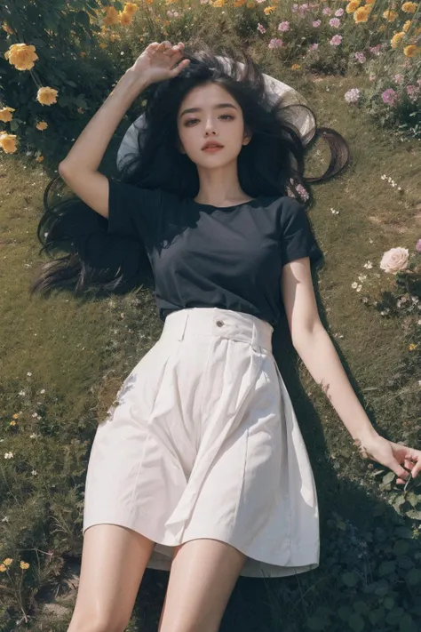 A melancholic autumn scene in a vast flower field,a gentle breeze rustling through the dry grass,fallen leaves scattered among the flowers, a bittersweet atmosphere, a moment of quiet contemplation,1girl,long hair,white_skirt, high-waist_shorts, outfit ,roses,(dynamic angle:1.1),vivid,Soft and warm color palette, delicate brushwork, evocative use of light and shadow, wide shot,subtle details in the wilting flowers,high contrast,color contrast,<lora:FilmVelvia3:0.6><lora:dreamflower:0.4> <lora:FlowerGarden_v1:0.4>