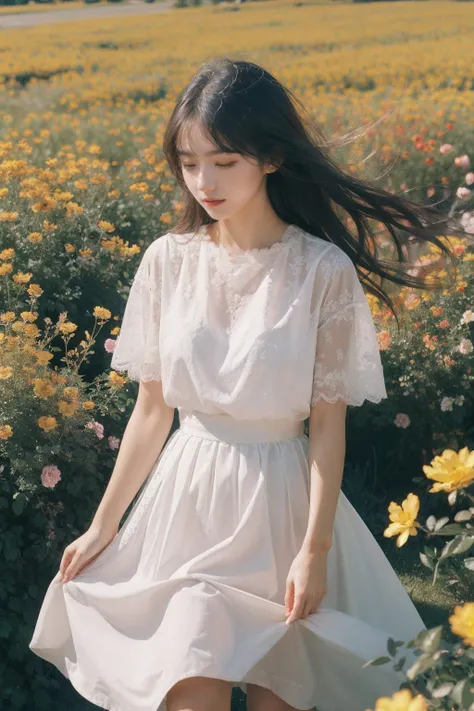 A melancholic autumn scene in a vast flower field,a gentle breeze rustling through the dry grass,fallen leaves scattered among the flowers, a bittersweet atmosphere, a moment of quiet contemplation,1girl,long hair,white_skirt, high-waist_shorts, outfit ,roses,(dynamic angle:1.1),vivid,Soft and warm color palette, delicate brushwork, evocative use of light and shadow, wide shot,subtle details in the wilting flowers,high contrast,color contrast, <lora:FilmVelvia3:0.6><lora:dreamflower:0.4> <lora:FlowerGarden_v1:0.4>