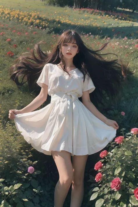 A melancholic autumn scene in a vast flower field,a gentle breeze rustling through the dry grass,fallen leaves scattered among the flowers, a bittersweet atmosphere, a moment of quiet contemplation,1girl,long hair,white_skirt, high-waist_shorts, outfit ,roses,(dynamic angle:1.1),vivid,Soft and warm color palette, delicate brushwork, evocative use of light and shadow, wide shot,subtle details in the wilting flowers,high contrast,color contrast, <lora:FilmVelvia3:0.6><lora:dreamflower:0.4> <lora:FlowerGarden_v1:0.4>