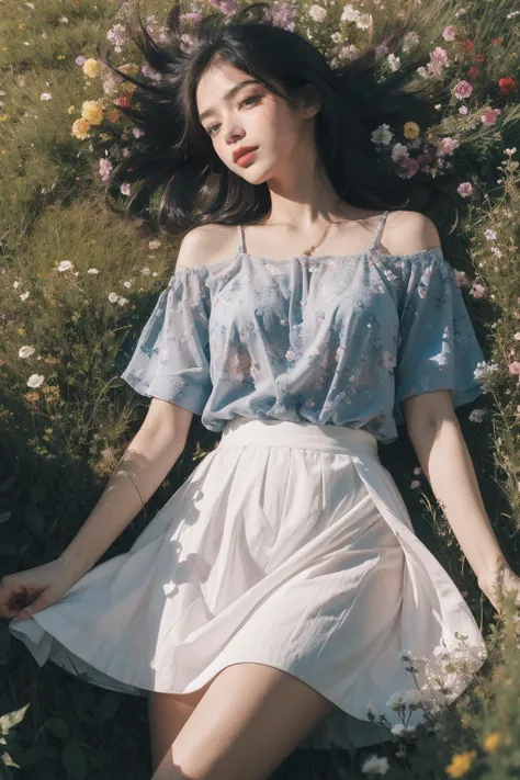 A melancholic autumn scene in a vast flower field,a gentle breeze rustling through the dry grass,fallen leaves scattered among the flowers, a bittersweet atmosphere, a moment of quiet contemplation,1girl,long hair,white_skirt, high-waist_shorts, outfit ,roses,(dynamic angle:1.1),vivid,Soft and warm color palette, delicate brushwork, evocative use of light and shadow, wide shot,subtle details in the wilting flowers,high contrast,color contrast, <lora:FilmVelvia3:0.6><lora:dreamflower:0.4> <lora:FlowerGarden_v1:0.4>