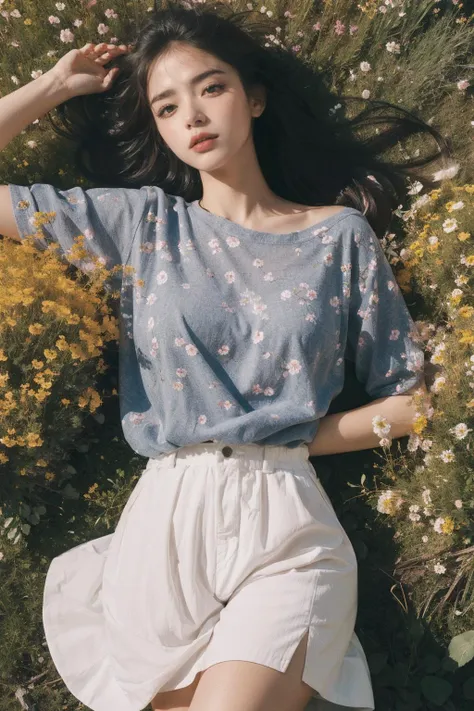 A melancholic autumn scene in a vast flower field,a gentle breeze rustling through the dry grass,fallen leaves scattered among the flowers, a bittersweet atmosphere, a moment of quiet contemplation,1girl,long hair,white_skirt, high-waist_shorts, outfit ,roses,(dynamic angle:1.1),vivid,Soft and warm color palette, delicate brushwork, evocative use of light and shadow, wide shot,subtle details in the wilting flowers,high contrast,color contrast, <lora:FilmVelvia3:0.6><lora:dreamflower:0.4> <lora:FlowerGarden_v1:0.4>