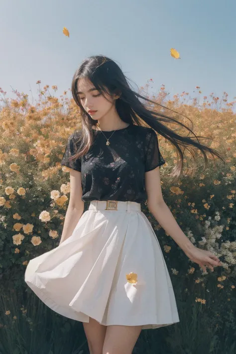 A melancholic autumn scene in a vast flower field,a gentle breeze rustling through the dry grass,fallen leaves scattered among the flowers, a bittersweet atmosphere, a moment of quiet contemplation,1girl,long hair,white_skirt, high-waist_shorts, outfit ,roses,(dynamic angle:1.1),vivid,Soft and warm color palette, delicate brushwork, evocative use of light and shadow, wide shot,subtle details in the wilting flowers,high contrast,color contrast, <lora:FilmVelvia3:0.6><lora:dreamflower:0.4> <lora:FlowerGarden_v1:0.4>