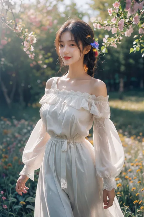 1girl,leogirl,tsurime,solo,(smiling,happy),(bright red lips,blush:0.8),huge breasts,(sagging breasts),braids,walking,pose,
(multicolored background,high-waist lace chiffon dress with sleeves,off shoulder:1.2),<lora:add_detail:0.33>,<lora:epi_noiseoffset2:0.5>,<lora:FilmVelvia3:0.25>,
(dreamflower,multicolored_background,A melancholic autumn scene in a vast flower field,a gentle breeze rustling through the dry grass,fallen leaves scattered among the flowers,a bittersweet atmosphere,a moment of quiet contemplation,Soft and warm color palette,delicate brushwork,evocative use of light and shadow,subtle details in the wilting flowers,high contrast,color contrast),<lora:dreamflower:0.4>,<lora:FlowerGarden_v1:0.4>,
masterpiece,official art,best quality,high quality,highres,natural light,ray tracing,volumetric light,realistic,photorealistic,ultra highres,vivid,nostalgia,bokeh,