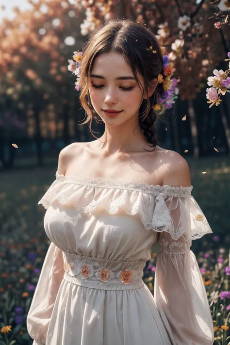 1girl,leogirl,tsurime,solo,(smiling,happy),(bright red lips,blush:0.8),huge breasts,(sagging breasts),braids,walking,pose,
(multicolored background,high-waist lace chiffon dress with sleeves,off shoulder:1.2),<lora:add_detail:0.33>,<lora:epi_noiseoffset2:0.5>,<lora:FilmVelvia3:0.25>,
(dreamflower,multicolored_background,A melancholic autumn scene in a vast flower field,a gentle breeze rustling through the dry grass,fallen leaves scattered among the flowers,a bittersweet atmosphere,a moment of quiet contemplation,Soft and warm color palette,delicate brushwork,evocative use of light and shadow,subtle details in the wilting flowers,high contrast,color contrast),<lora:dreamflower:0.4>,<lora:FlowerGarden_v1:0.4>,
masterpiece,official art,best quality,high quality,highres,natural light,ray tracing,volumetric light,realistic,photorealistic,ultra highres,vivid,nostalgia,bokeh,