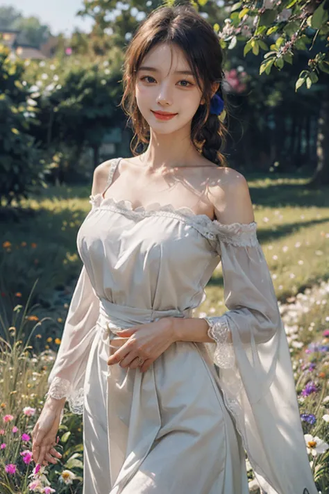 1girl,leogirl,tsurime,solo,(smiling,happy:1.25),(bright red lips,blush:0.8),huge breasts,(sagging breasts:1.2),braids,walking,pose,
(multicolored background,see-though high-waist lace chiffon dress with sleeves,huge ass bare thigh,off shoulder:1.2),<lora:add_detail:0.33>,<lora:epi_noiseoffset2:0.5>,<lora:FilmVelvia3:0.25>,
(dreamflower,multicolored_background,A melancholic autumn scene in a vast flower field,a gentle breeze rustling through the dry grass,fallen leaves scattered among the flowers,a bittersweet atmosphere,a moment of quiet contemplation,Soft and warm color palette,delicate brushwork,evocative use of light and shadow,subtle details in the wilting flowers,high contrast,color contrast),<lora:dreamflower:0.4>,<lora:FlowerGarden_v1:0.4>,butterfly,
masterpiece,official art,best quality,high quality,highres,natural light,ray tracing,volumetric light,realistic,photorealistic,ultra highres,vivid,nostalgia,bokeh,
